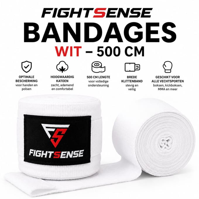 FightSense Apex V1 Bandages 500 cm – Wit – Handwraps voor Boksen, Kickboksen & MMA