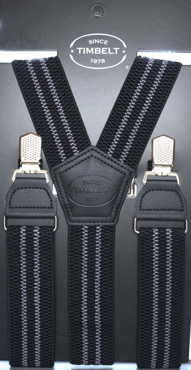 Timbelt Bretels Streep Zwart/grijs - 4 Clips - Extra stevige Klem Clip - Elastische Bretels