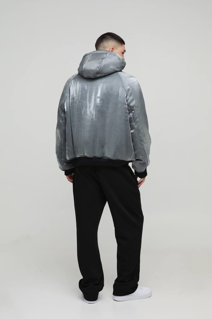 Overdimensionale vloeibare metallic met capuchon Bomberjas in Grijs | Grey | Size Medium