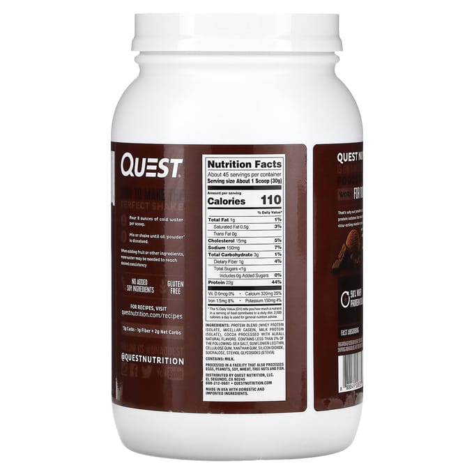 Quest Nutrition, Poudre de Protéines, Milk-shake Chocolat, 3 lb (1,36 kg)