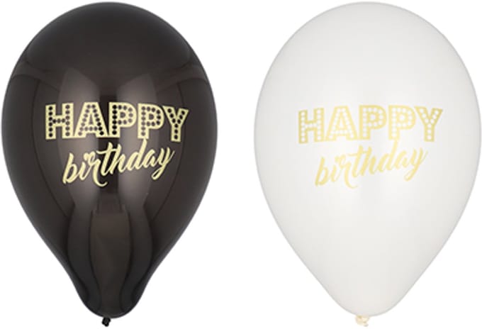 12x 6 Ballonnen Ø 25 cm zwart/wit Happy Birthday
