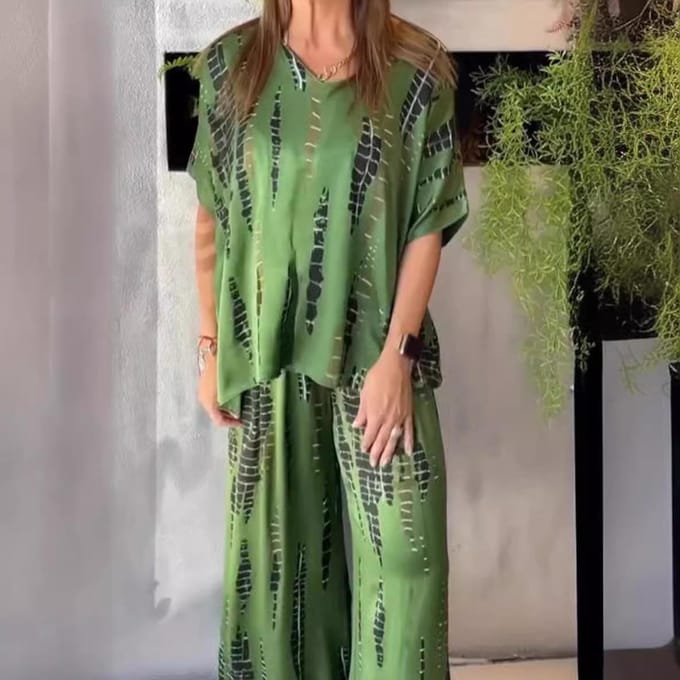Dames Lange Mouwen Bloemenprint Vakantie Losse Pakset 2XL groen