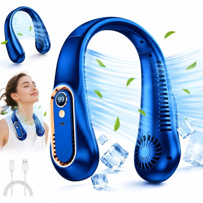 Ventilator - Nekventilator - Oplaadbare Ventilator - Handventilator - Mini Ventilator - USB Ventilator - Bladloze Ventilator - Digitaal Display - 5 Standen - Blauw