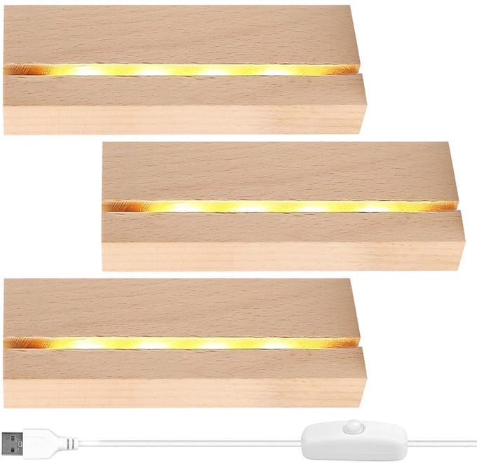 Dailygoods - Led-displaybasis - Houten sokkel - Elegante afwerking - Warmwit - USB voeding - Geschikt voor acrylplaat - 3 stuks