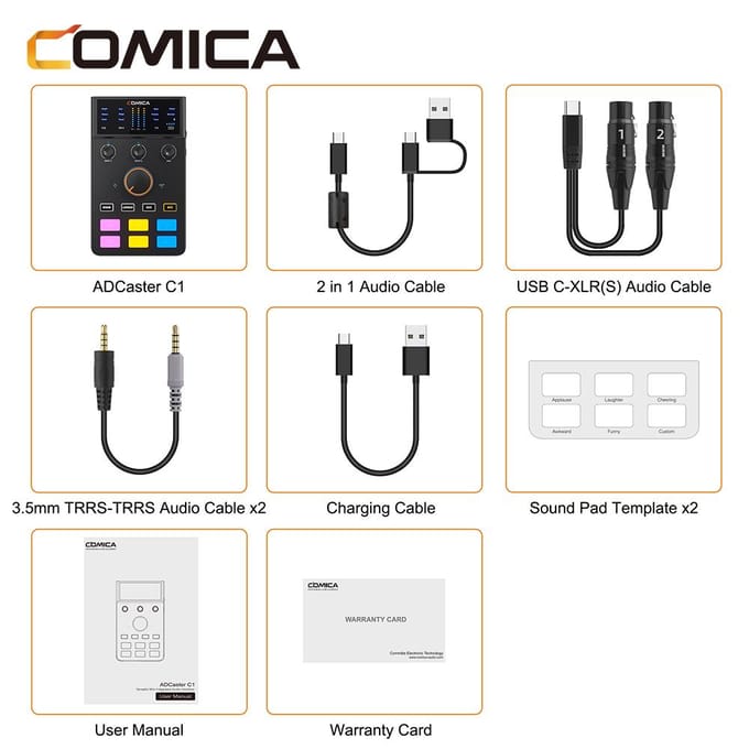 COMICA AD Caster C1 audiomixer USB-audio-interface geluidskaart met 3,5 mm-poorten dubbele XLR-ingang zwart