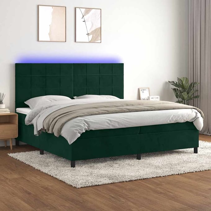 vidaXL - Boxspring - met - matras - en - LED - fluweel - donkergroen - 200x200 - cm