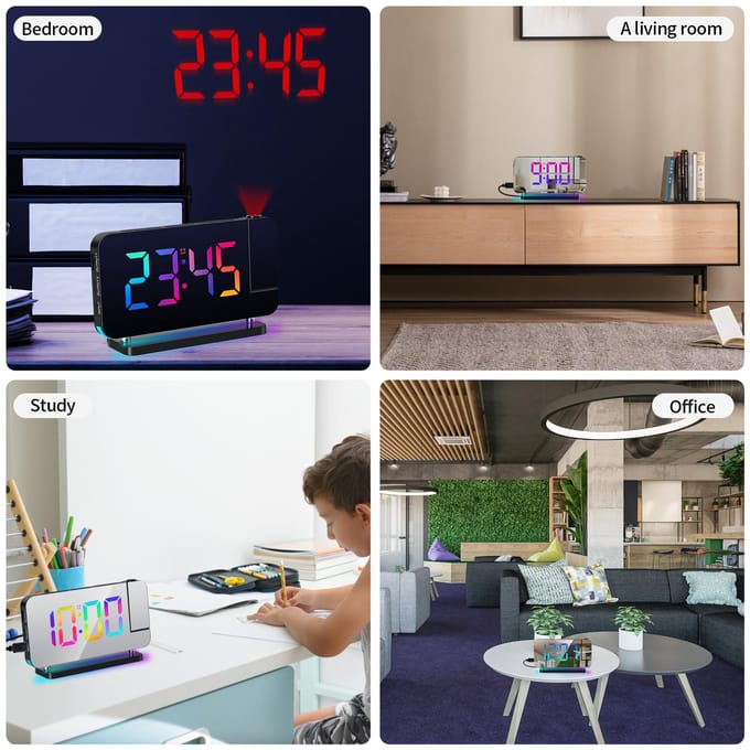 Projectiewekker voor slaapkamer 7-inch RGB kleurrijke LED digitale klok met spiegeloppervlak zwart