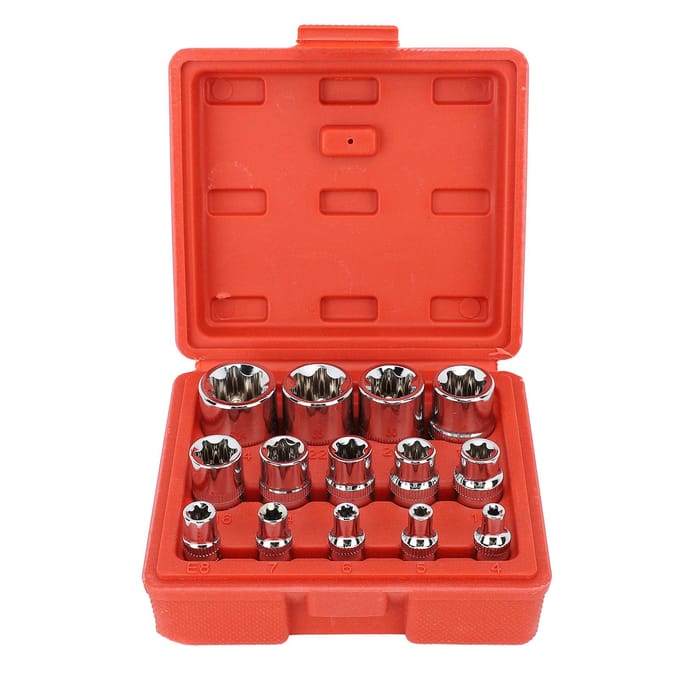 Jeu de douilles E Star 14 pièces Acier Chrome Vanadium Portable Jeu de douilles étoile externes pour Réparation Entretien red