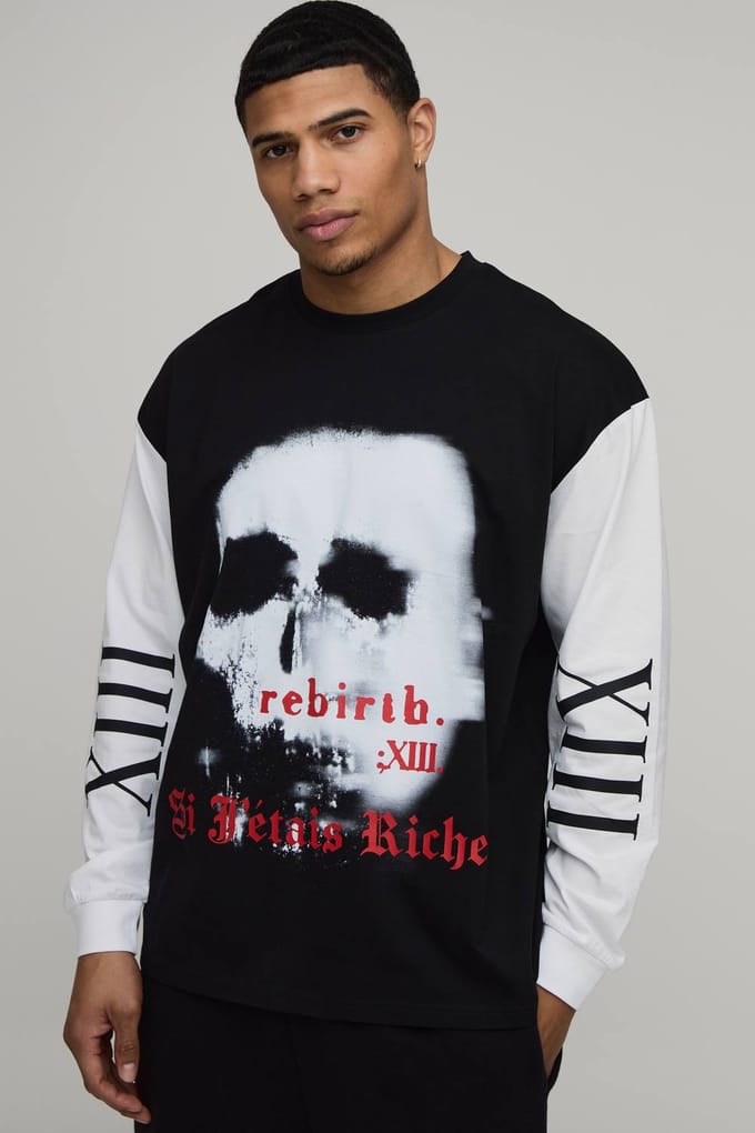 Oversized Gothic Bedrukt T-shirt Met Lange Mouwen | Washed Black | Size Medium