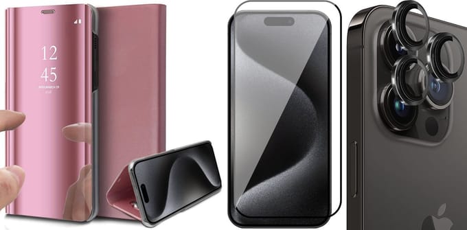 Hoesje geschikt voor iPhone 15 Pro Max - Screenprotector FullGuard & Camera Lens Screen Protector Zwart - Book Case Spiegel Roségoud