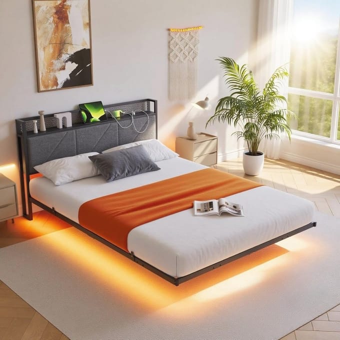 Schuifbedframe 120 x 200 cm met LED-lampen en USB-oplaadstation