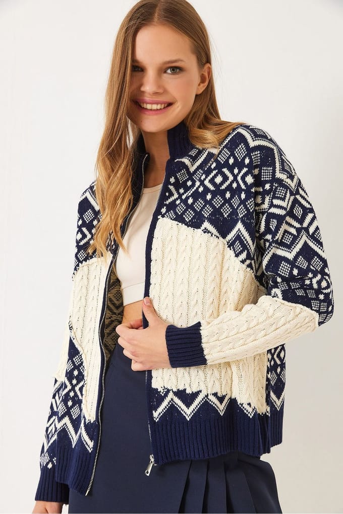 Geometrisch Patroon Ritskraag Cardigan