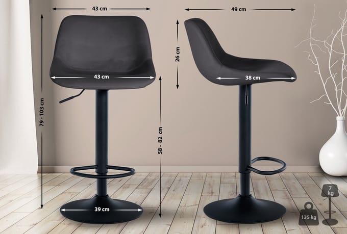 CLP Loft Set van 2 Barkrukken - Met rugleuning - Verstelbaar - Voetsteun - zwart/donkergrijs