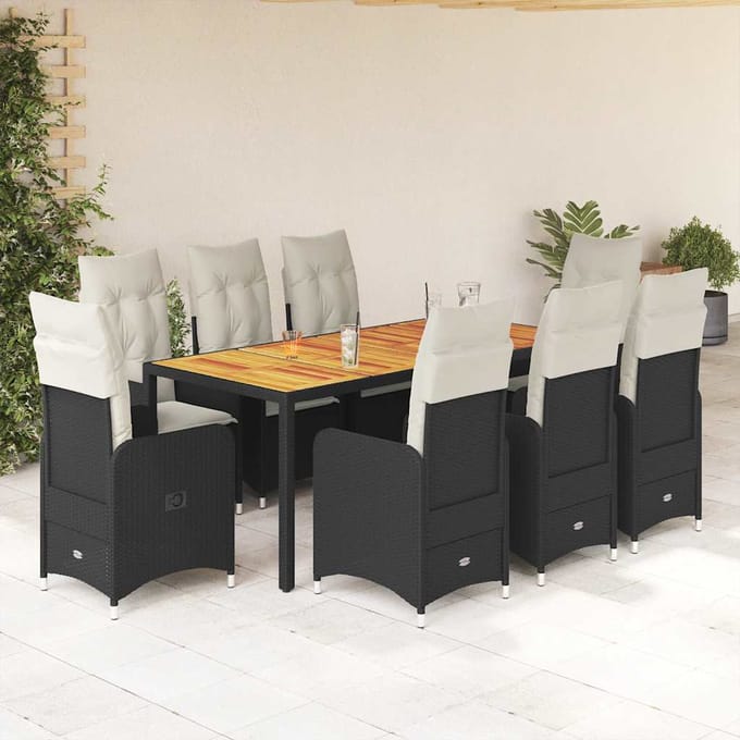 vidaXL - 9-delige - Bistroset - met - kussens - poly - rattan - zwart