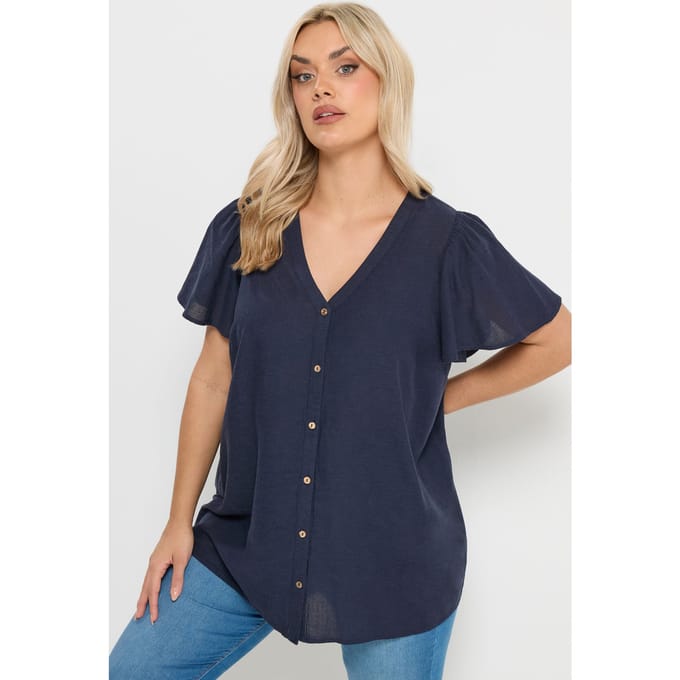 Yours Marineblauwe Linnen Blouse Met Knoopsluiting Size 42