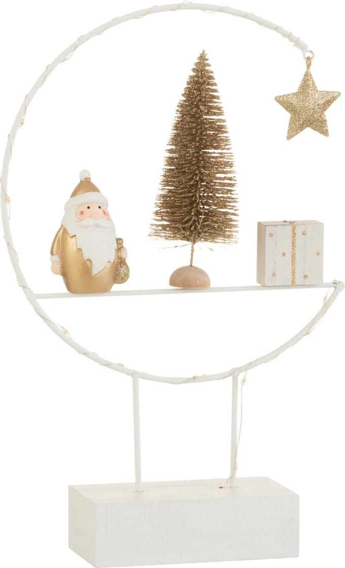 J-Line decoratie Semicirkel Op Voet + Kerstman - hout - wit/goud - LED lichtjes
