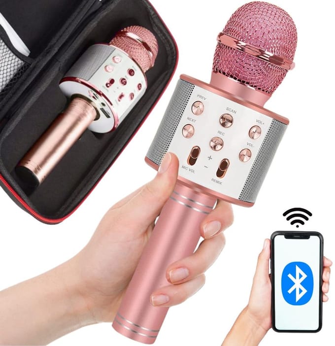 Playos® - Microfoon in etui - Roze - Draadloos - Bluetooth - met Stemvervormer - Karaoke Microfoon - Kinderen en Volwassenen - Speaker - Karaoke Set
