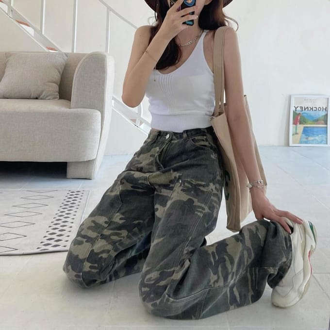 Damesmode camouflage jeans losse denim cargobroek met hoge taille S black