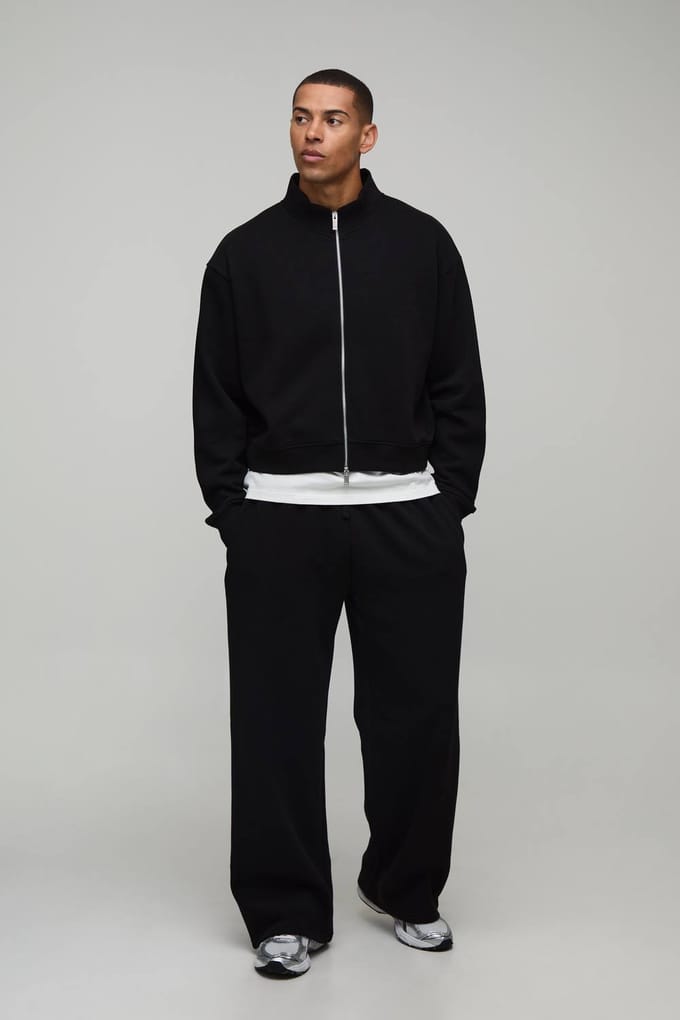 Oversized Verkort Trainingspak Met Ritssluiting, Col En Wijde Pijpen Joggingbroek | Black | Size Medium