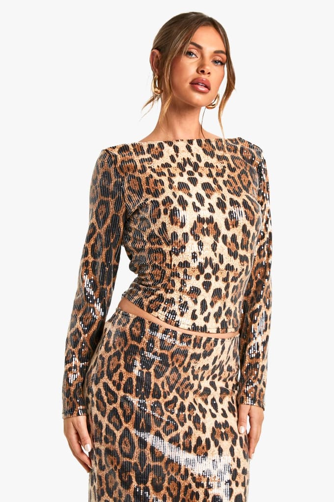 boohoo Dames Leopard Pailletten Rugloze Top | Brown | Maat: 14