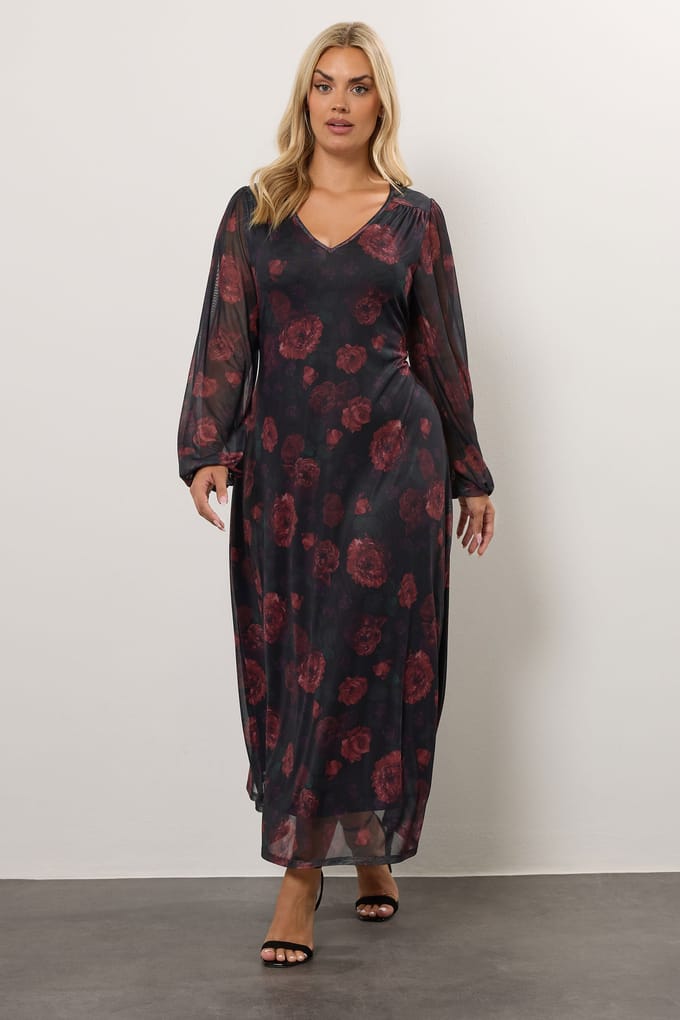 Yours Zwarte Maxijurk Met Bloemenprint Van Mesh Size 42