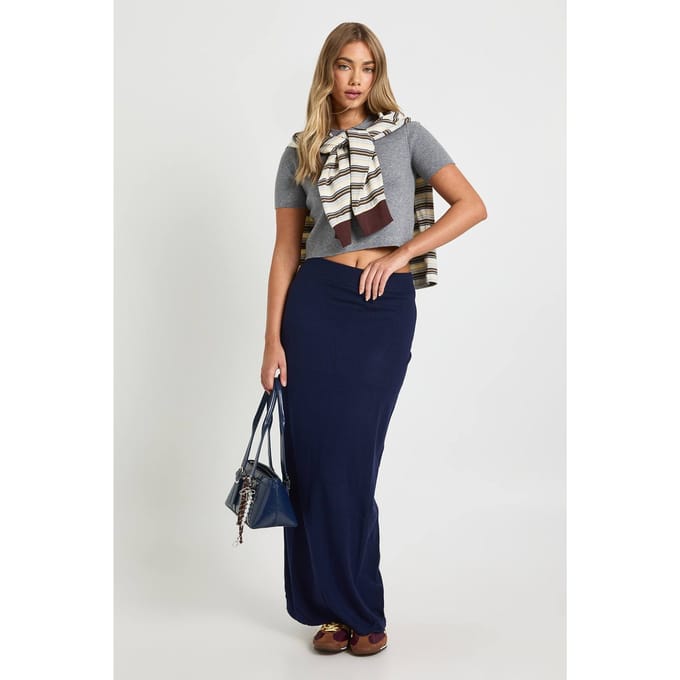 boohoo Dames Geribde Gebreide Maxi Rok | Navy | Maat: Medium