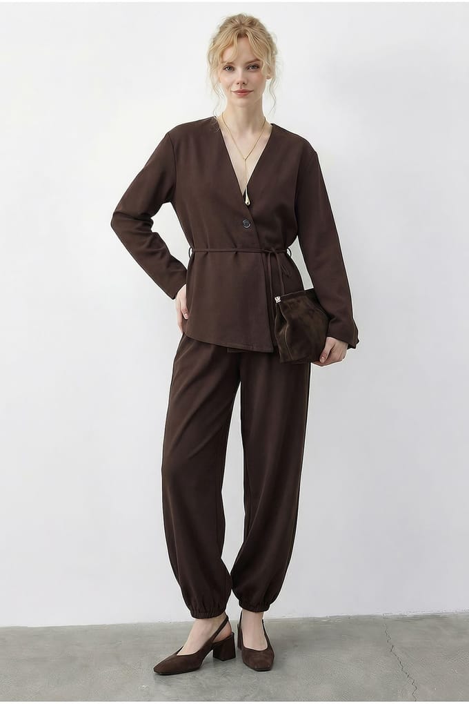 Blouse met riem en joggerbroek set van twee delen