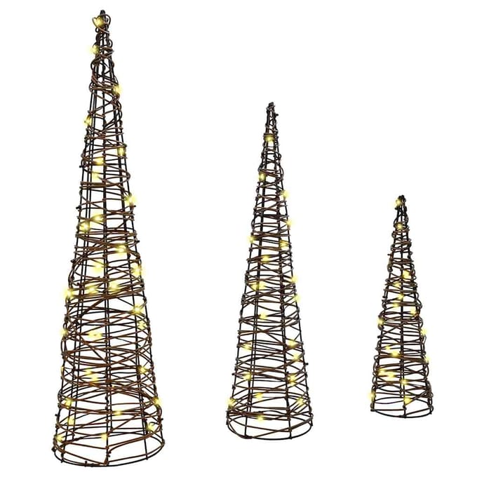 vidaXL - Kerstboom - 3 - st - 90 - LED's - Warmwit - 20 - x - 20 - x - 80 - cm - Rattan
