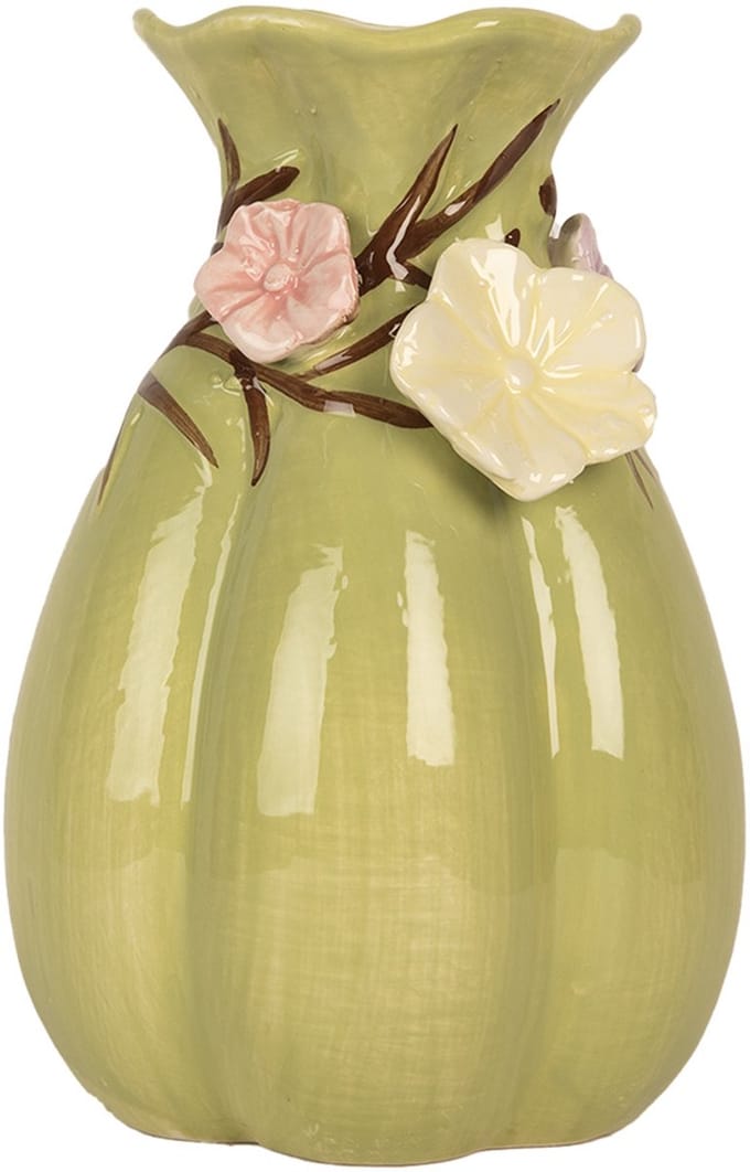 Clayre & Eef Vaas Ø 14x21 cm Groen Keramiek Bloemen