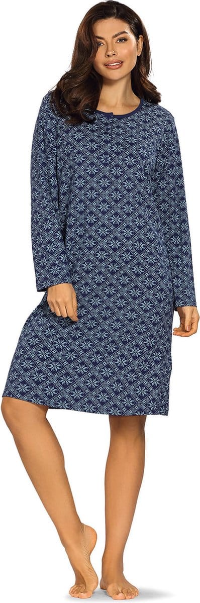 Comtessa Interlock Nachthemd 'Cosy Snowflake' - Dames Nachtmode - Lange Mouw - Blauw - Maat 44