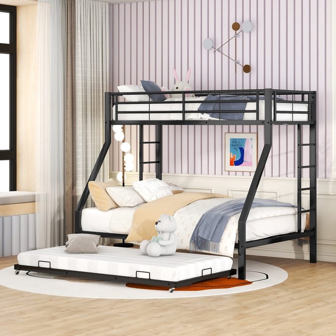 REDOM Bedframe 90(140)x200 cm – Metaal etagebed met uitschuifbed & ladders – Zwart