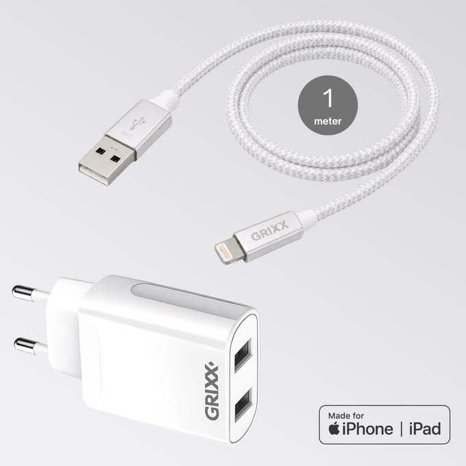 Lightning naar USB-A kabel met iPhone oplader - Grixx - MFi - 1 meter - Wit