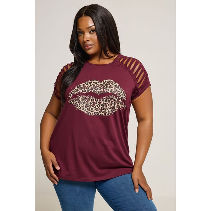 Yours Rood Luipaard Print Lippen Lasergesneden Tshirt Size 46