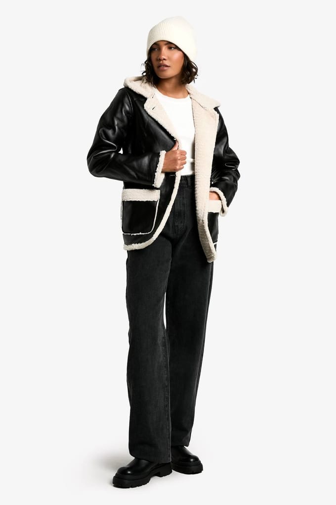 boohoo Dames Hoog Borg Voering Kunstleren Capuchonjas | Black | Maat: 8