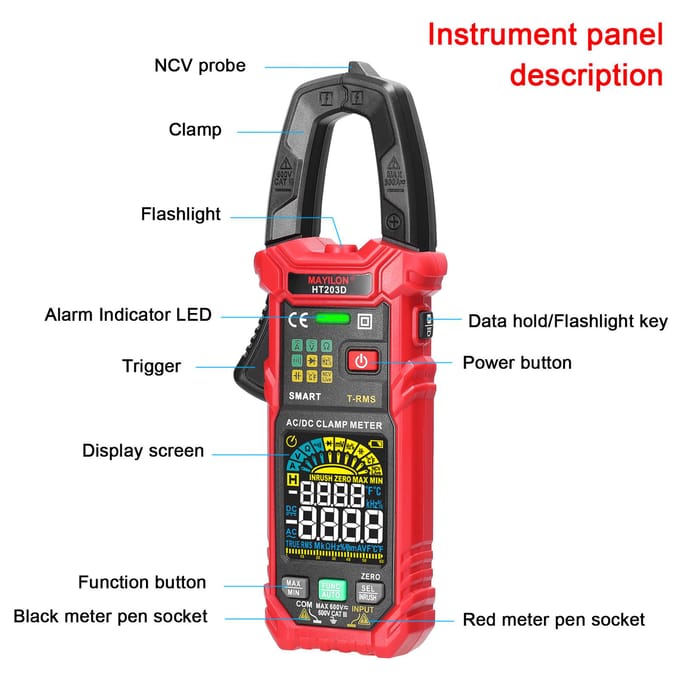 MAYILON Digitale Stroomtang Multimeter Multifunctioneel 600V Voltmeter Tester Ampère Volt Meter Automatisch Bereik veelkleurig