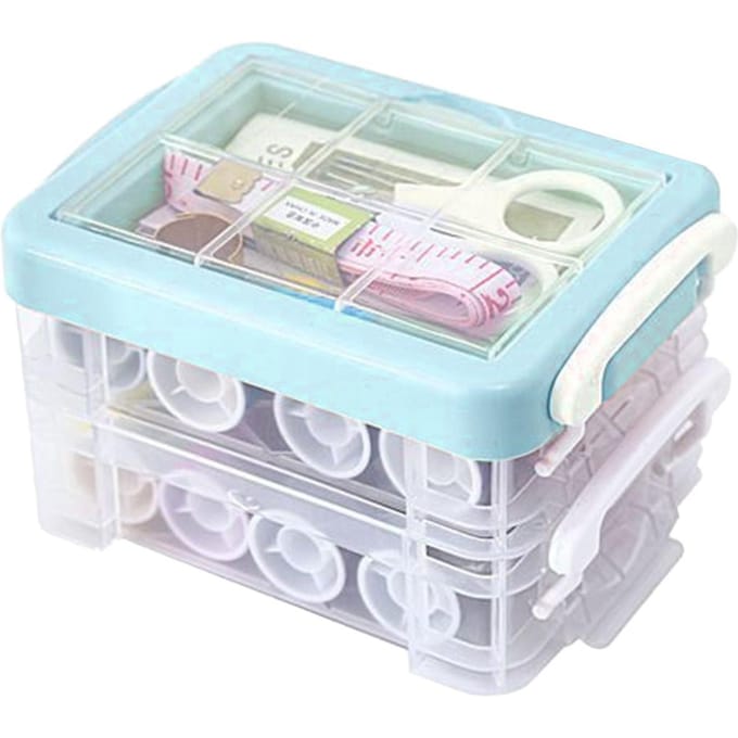 Boîte à couture 30 pièces Ensemble complet d'outils Trois couches Double usage Poignée Kit de couture avec étui pour la maison Blue white