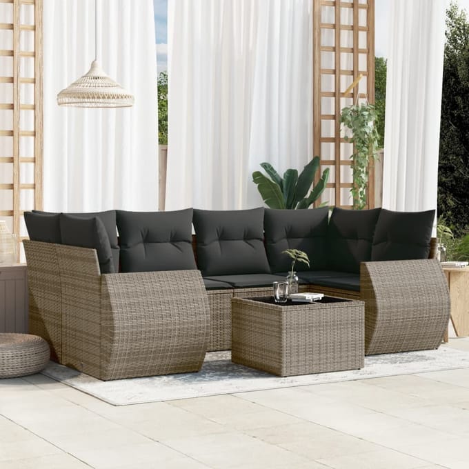 vidaXL - 7-delige - Loungeset - met - kussens - poly - rattan - grijs