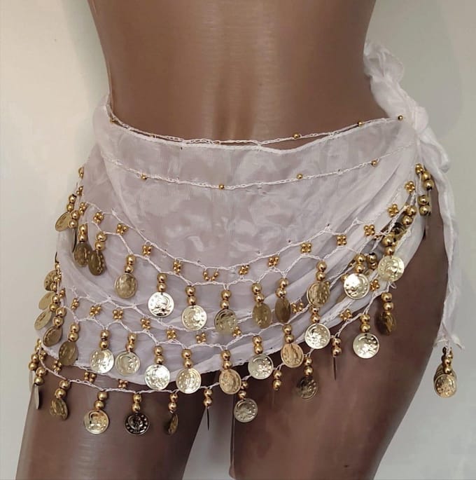 *** Zigeuner Buikdanser Sjaal met Gouden kleur Muntjes Wit - van Heble® ***