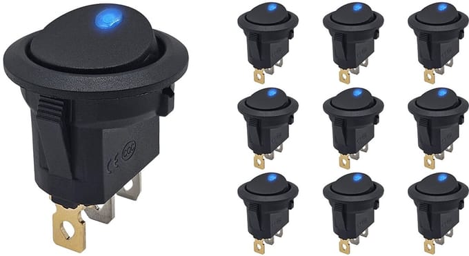 ProRide Wipschakelaar ON-OFF KCD2-12 - 3 pins - Rond - 12V/20A - LED indicator Blauw - 10 stuks