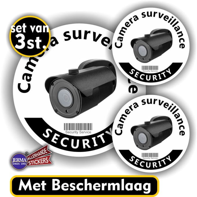 Jerma - Cameratoezicht - Stickers - Camera Surveillance - 1x Ø 12 - 2 van Ø 7 cm - Weerbestendig