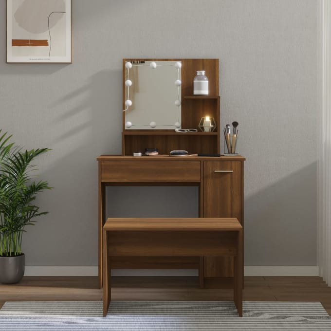 vidaXL - Kaptafelset - met - LED-verlichting - bewerkt - hout - bruin - eikenkleur