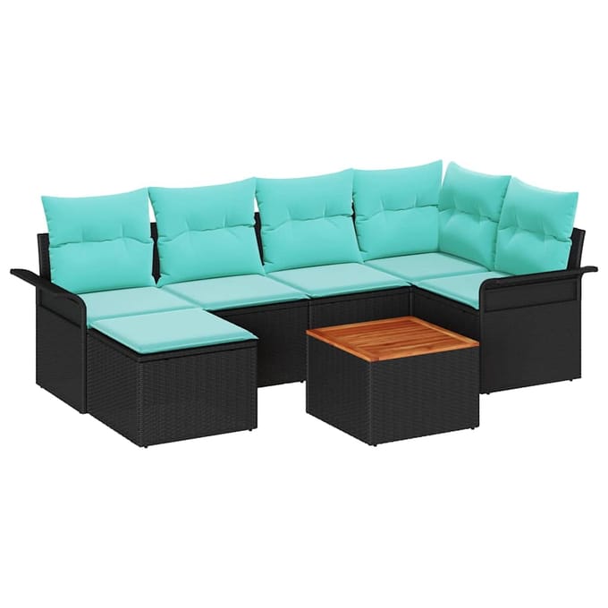 vidaXL - Tuinbank - Set - 7 - st - Zwart - en - Turkoois - poly - rattan
