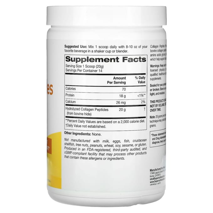 Super Nutrition, Peptides de Collagène, Non Aromatisé, 9,88 oz (280 grammes)