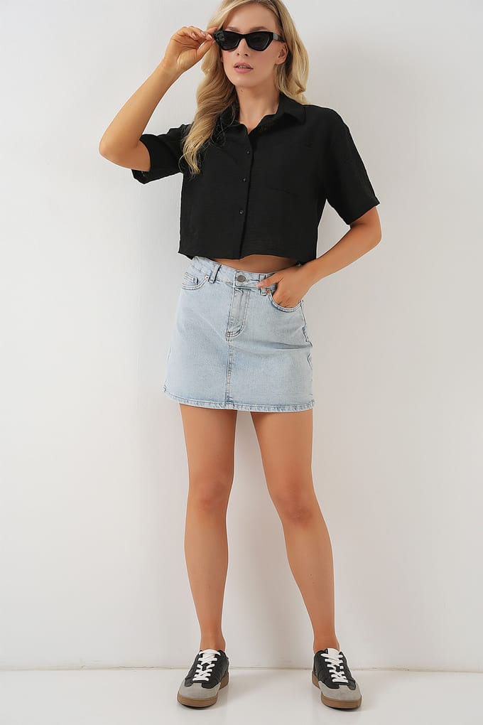 Textured Crop Shirt met Pocket