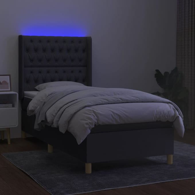 vidaXL - Boxspring - met - matras - en - LED - stof - donkergrijs - 90x200 - cm