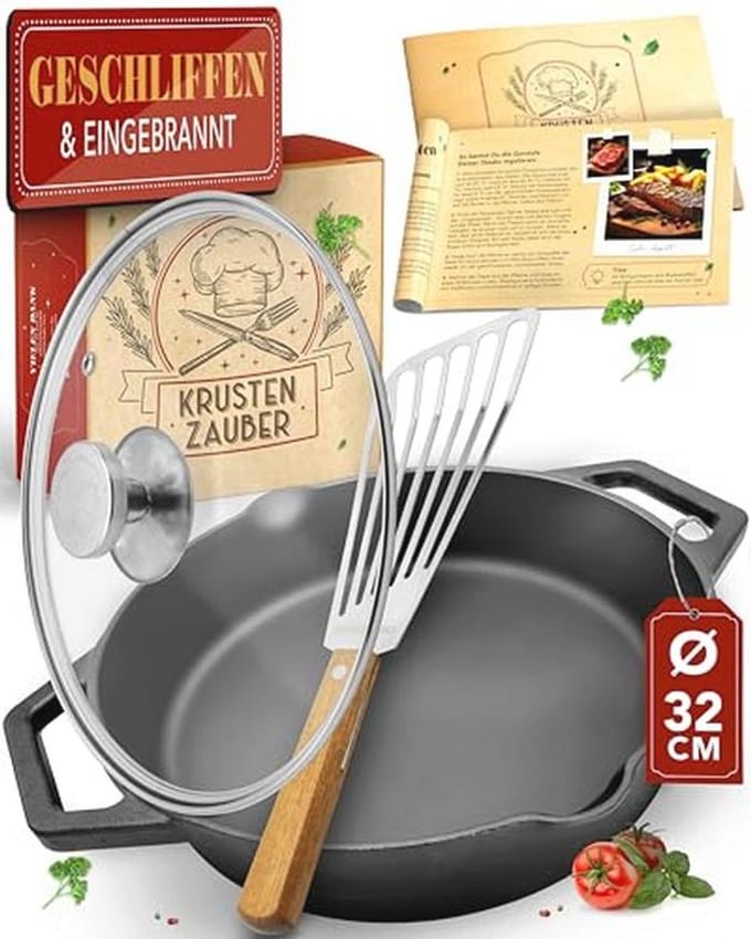 Gietijzeren Pan 32 cm met Inductie, Dubbele Handgreep en Deksel