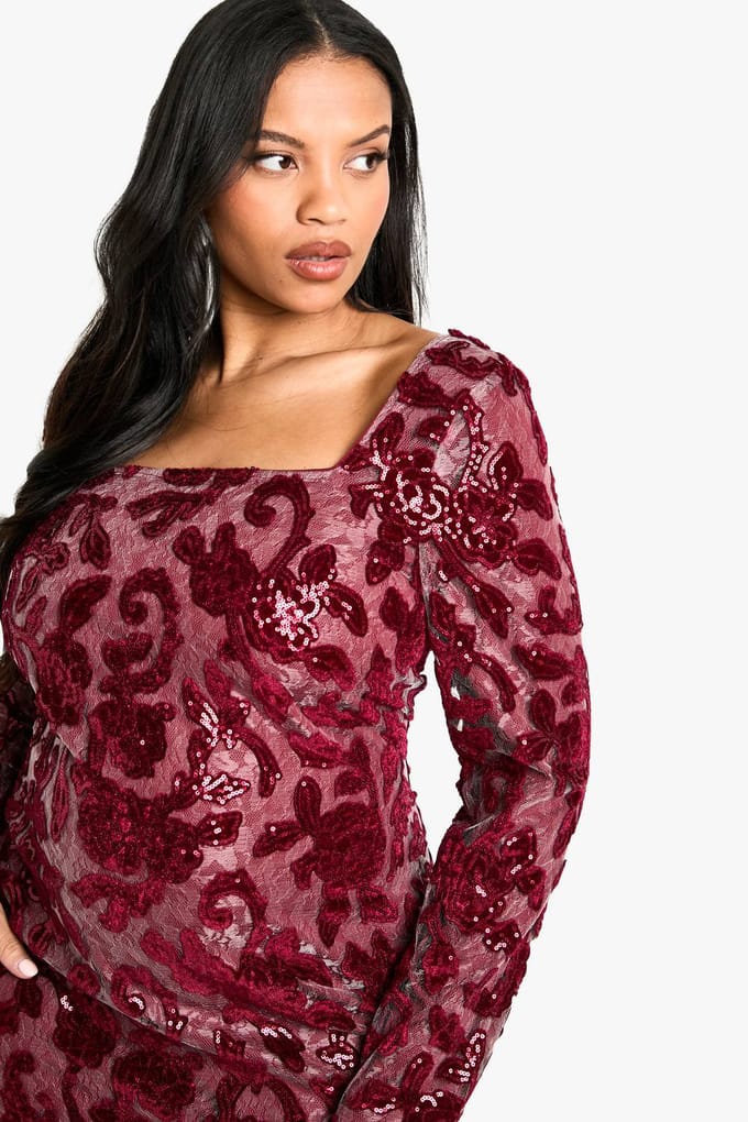 boohoo Dames Plus Demask Square Neck Bodycon Dress | Bessen | Maat: 48