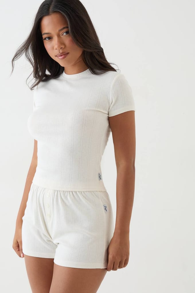 Dames Dsgn Studio Pointelle Getailleerd T-shirt | Creme | Maat: Medium