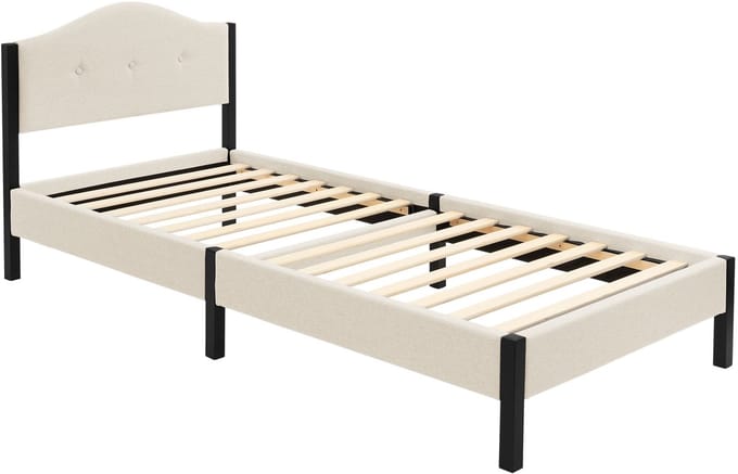 ML-Design Gestoffeerd bed 90 x 200 cm eenpersoonsbed, stabiel bedframe serie, linnen bedombouw met gecapitonneerd hoofdbord en lattenbodem, modern linnenbed met stevig stalen frame en houten poten, comfortabel beige tweepersoonsbed voor slaapkamer