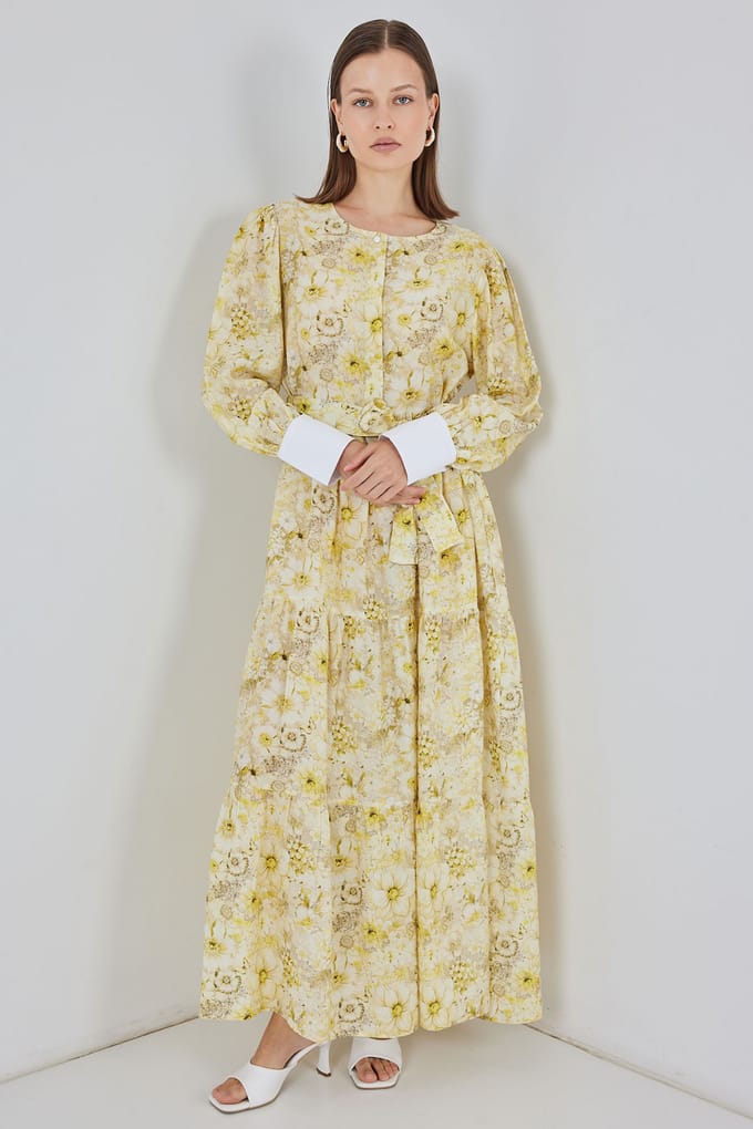 Viscose Blend Patroon Maxi Dress met Knoopsluiting